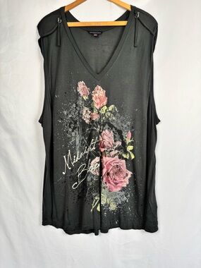 Rock & Republic Black Tank Top with Pink Rose Graphic